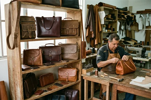 Bolsas de couro de diferentes modelos exibidas em Linhares.