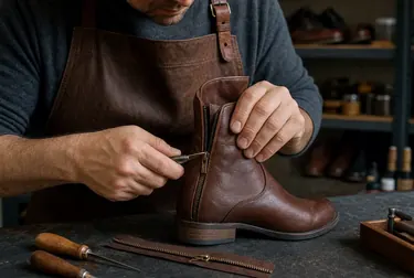 Sapateiro consertando um zíper de bota em Linhares.