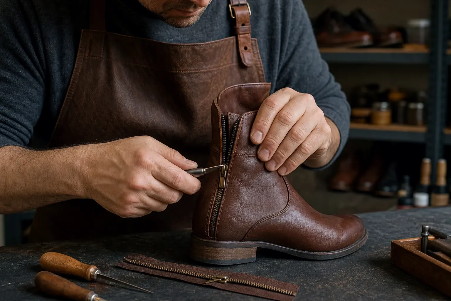 Sapateiro consertando um zíper de bota em Linhares.
